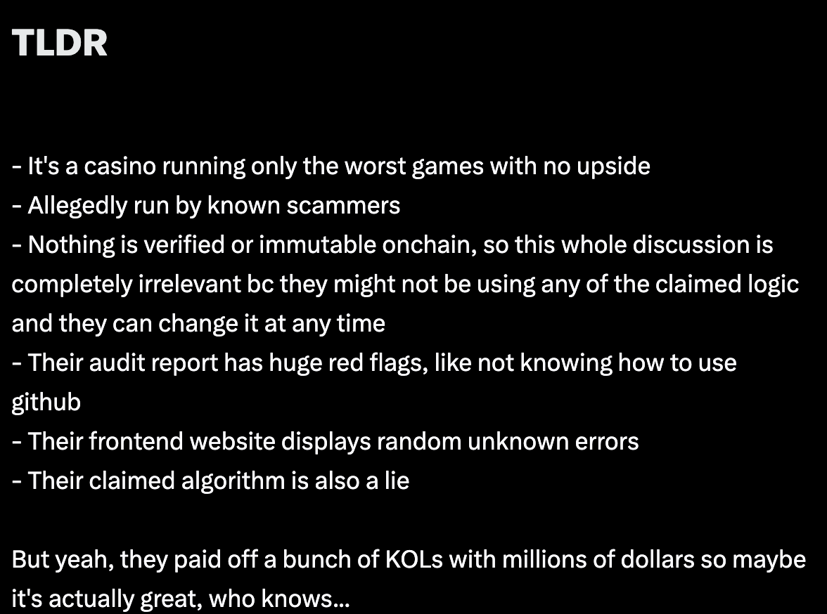 Paragraph by X member foobar disclosing Luck.io is nothing more than a scam